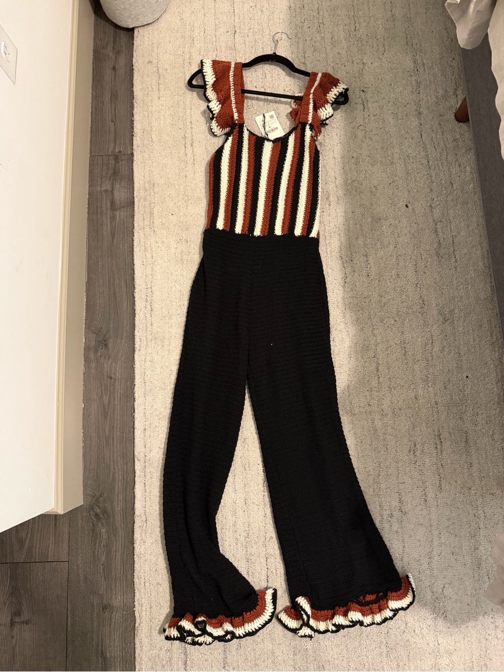 Zara Striped Knit Jumpsuit with Ruffle Trim - Rust/Black (Size Small)